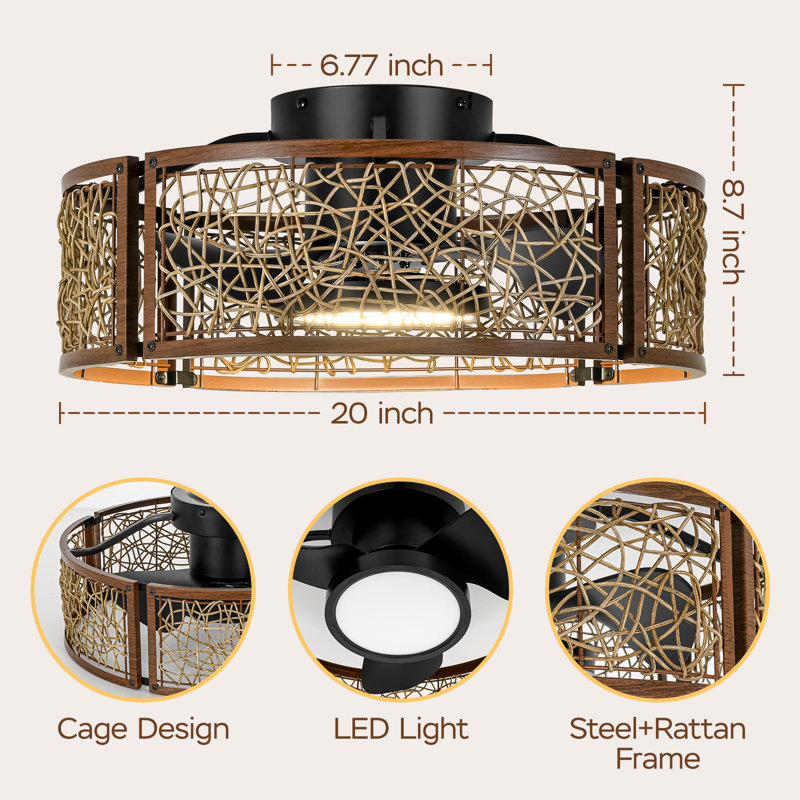 Ventilateur de plafond à cage basse 20 pouces avec lumière DEL, noyer foncé rotin naturel, Noyer foncé
