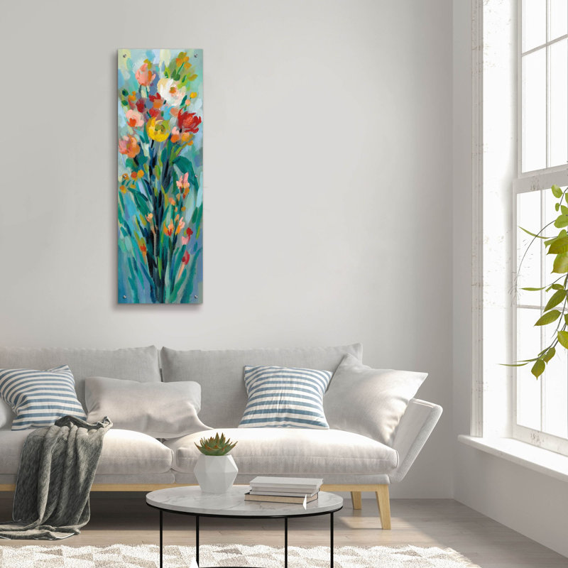 «Tall Bright Flowers I» par Silvia Vassileva, art mural en verre acrylique, H 48 po x l 16 po