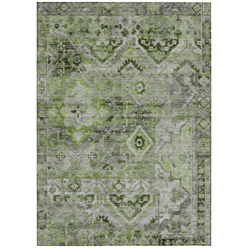 Tapis intérieur / extérieur 3 pi x 5 pi vert et gris à motif floral articulé lavable
