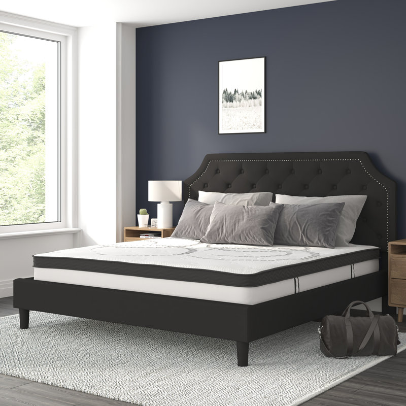 Aluino Tufted Platform Bed with 10 Inch Pocket Spring Mattress, Black, King