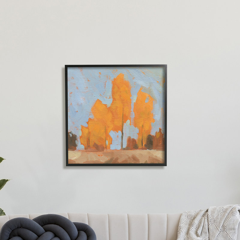 Automne, arbres, feuilles orange brillantes, ciel bleu doux, H 24 po x l 24 po, Cadre noir