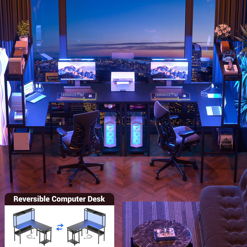 Chilmark L Shaped Desk with Hutch, LED Lights, Reversible Corner Desk with Power Outlet, Black