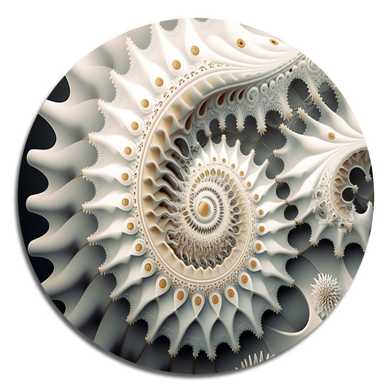 «White Fractal Universe III», art mural rond géométrique abstrait sur métal, L 16 po x H 16 po