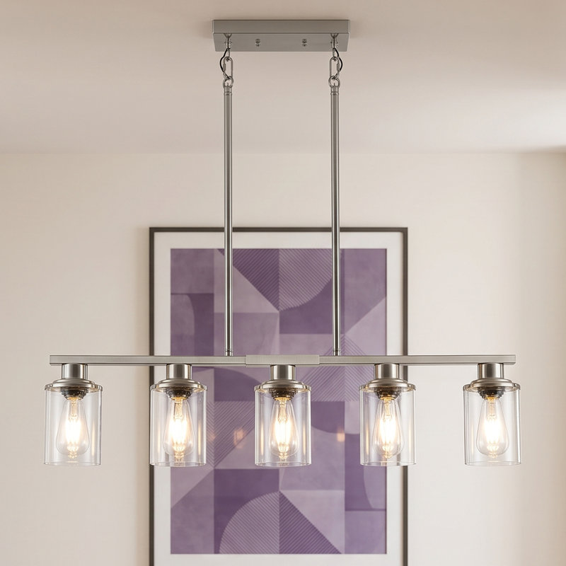 Lustre linéaire de style ferme à 5 lumières en nickel de 37 pouces pour îlot de cuisine, avec abat-jour en verre, Nickel
