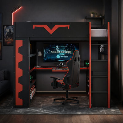 Full Size Kids Loft Bed With Gaming Desk, Space-Saving Workstation, Wood, L-Shaped Desk With RGB Light And Pegboard, Modern & Contemporary, Gaming Bedroom