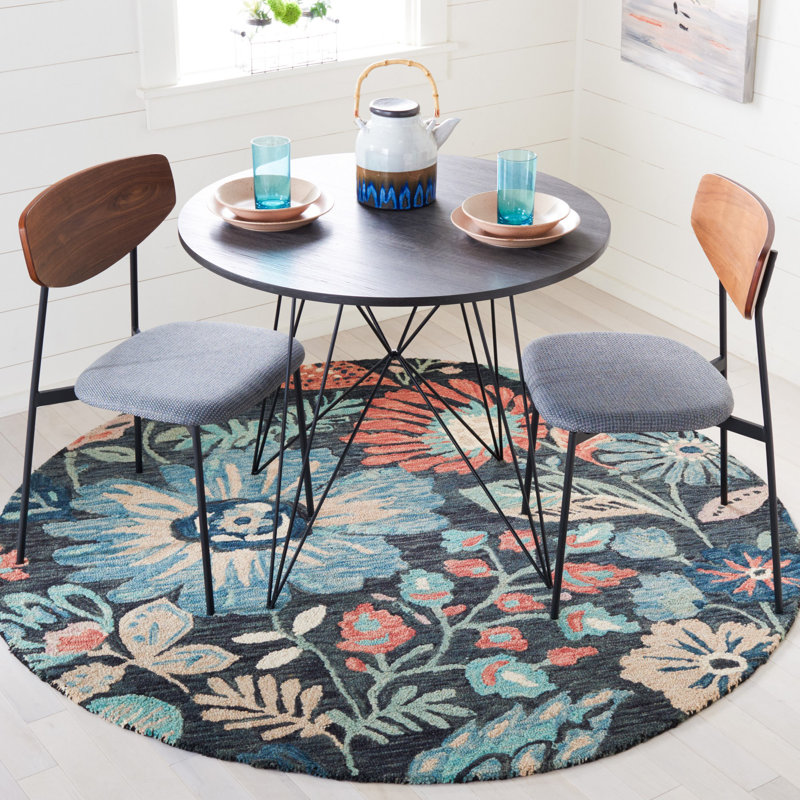 Lonie Hand Tufted Wool/Cotton Floral Rug in Blue/Charcoal, Round 6'