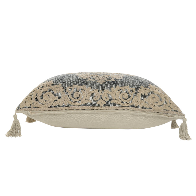 Gray and Beige Embroidered Rectangular Lumbar Pillow