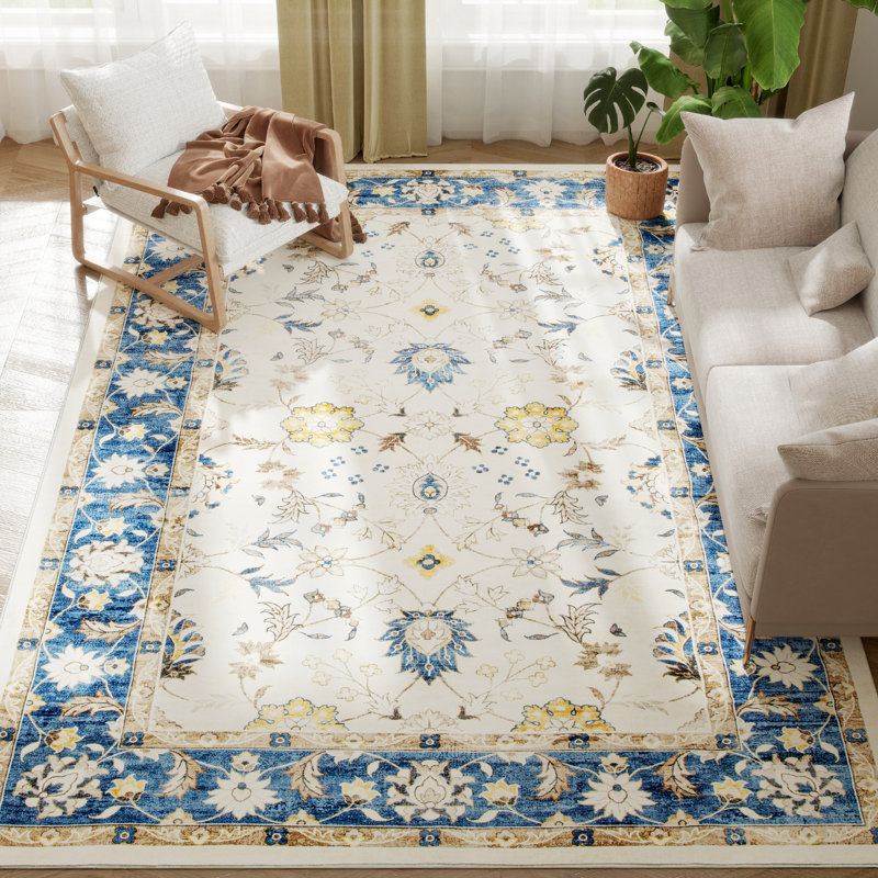 Area Rug 8x10, Machine Washable Rug, Non-Slip Boho Floral Print Floor Cover Foldable Carpet for Living Room, Bedroom, Dining Room, Blue