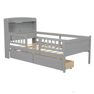 Wood Twin Size Platform Bed With Built-In LED Light, Multi-Functional Headboard, Guardrail And 2 Drawers (Bed)