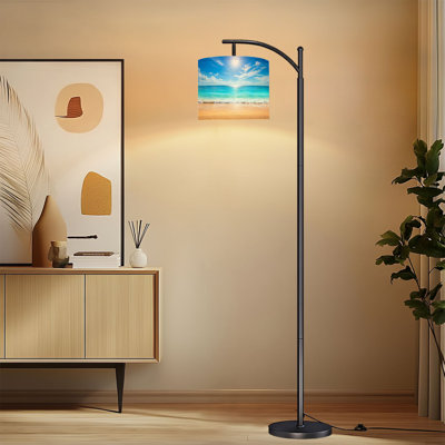 Lampe sur pied à arc avec abat-jour ajustable paysage marin soleil bleu ciel Lampe sur pied 3 températures de couleur à haut gradateur avec interrupteur au pied pour la chambre à coucher