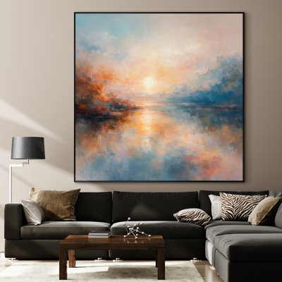 Très grande reproduction d'art sur toile - Paysage de lac au lever du soleil doux avec reflet de la lumière chaude, décoration murale pour le salon ou la chambre à coucher - «Assemblage requis du cadre (cadre non fini)»