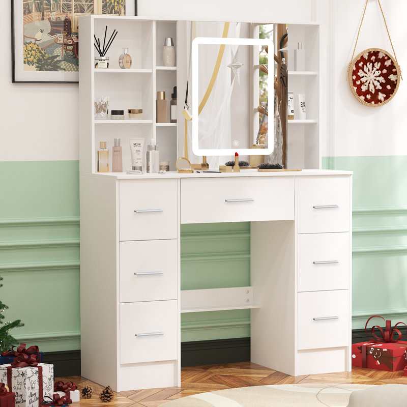 Coiffeuse de maquillage blanche avec grand bureau de coiffeuse à miroir lumineux pour filles