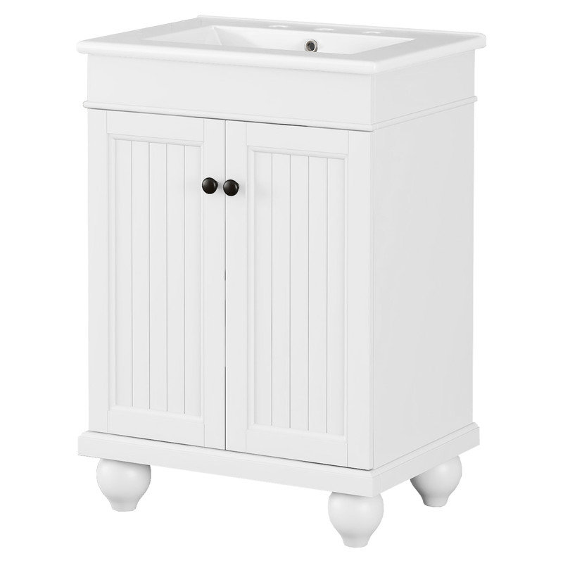24" White Solid Wood Bathroom Vanity with Ceramic Sink