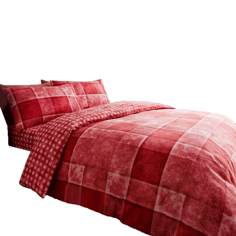 Modern Check Pattern Polycotton Duvet Cover and Pillowcase Set - Machine Washable, King, Red