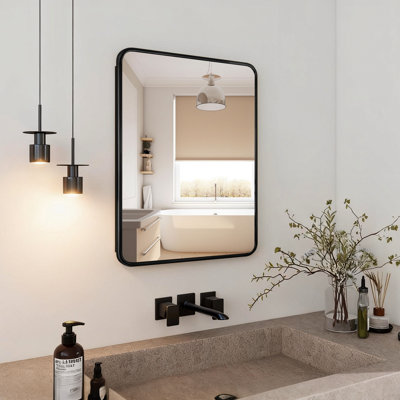 Armoire de salle de bain rectangulaire avec miroir, encastrée ou à fixation en surface, armoire de rangement murale avec porte-papier hygiénique et miroir grossissant 2x, aucun assemblage requis, cadre en aluminium