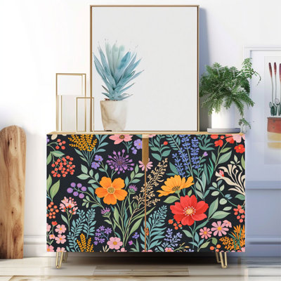 Buffet étroit de 35,4 po de largeur - armoire de rangement décorative à 2 portes avec imprimé floral de fleurs de prairie et pieds en métal