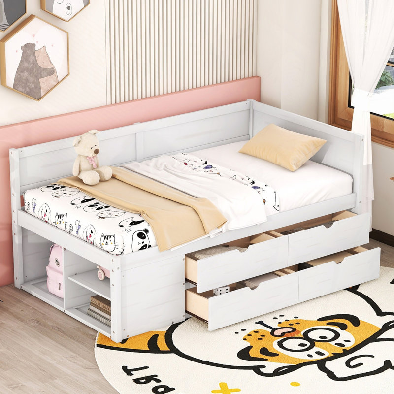 Lit de jour avec tiroirs et tablettes, Lit simple, Blanc