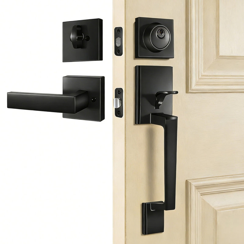 Single-Sided Handleset with Metal Lever and Deadbolt, Black