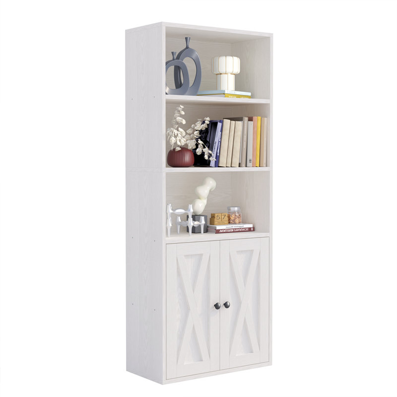 Bibliothèque Camaria à 5 niveaux et 2 portes avec portes de grange, Blanc