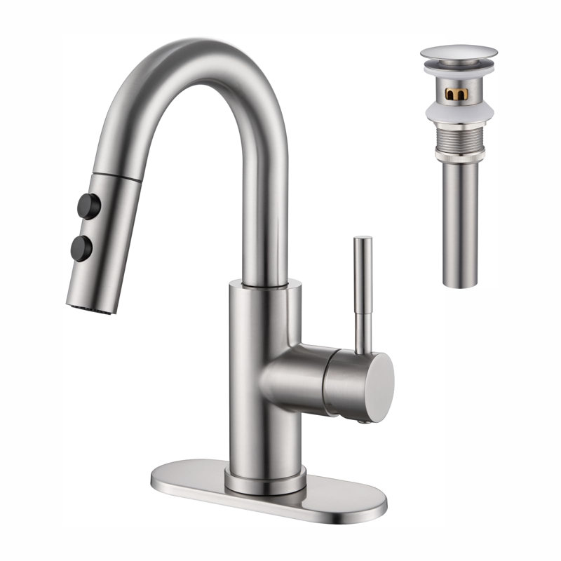Single Handle High Arc Bathroom Sink Faucet with Pull Out Sprayer and Pop Up Drain, Brushed Nickel
