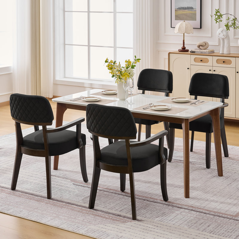 Modern Upholstered Solid Wood Dining Chair With Arms, Black Velvet