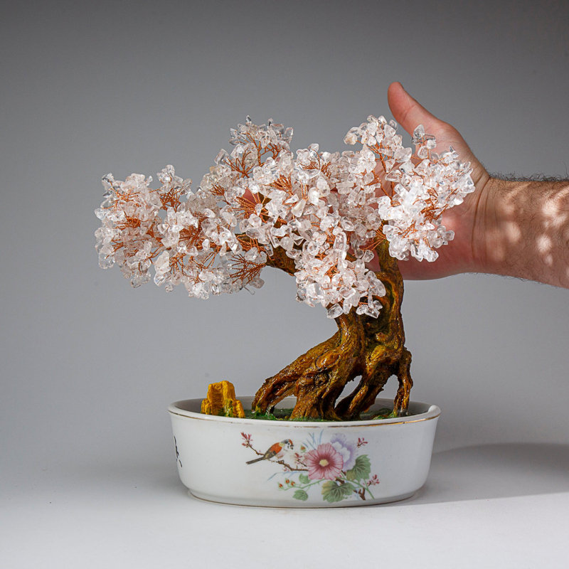 Genuine Quartz Gemstone Bonsai Tree in Oval Porcelain Pot (10")