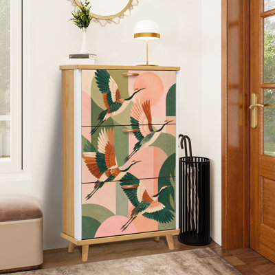 Shoe Storage Cabinet with 3 Flip Drawers Elegant Cranes Flight Geometric Shapes Soft Pastel Colors Slim Standing Shoe Rack Organizer Narrow Hidden Wooden Cupboard for Entryway Hallway Foyer Closet Apartment Small Space