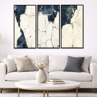 «White and Blue Luxury of Abstract Marble», ensemble d'art mural sur toile marbré abstrait de 3
