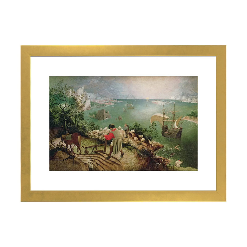 "Paysage avec la chute d'Icarus, C.1555" par Peter Bruegel l'Ancien, reproduction d'art sur toile, Blanc, Papier encadré doré