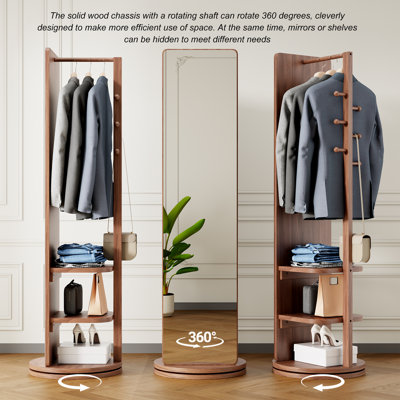 Jaxenor Standing Mirror Full Length, Swivel Full Body Mirror Coat Rack with Storage Hanger and Open Shelves for Bedroom and Living Room, Solid Wood