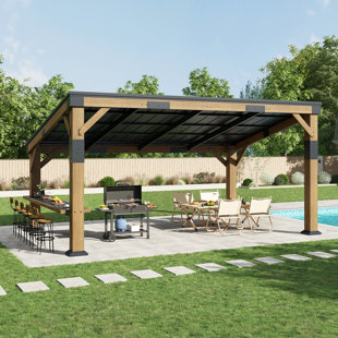 Classic 10FT x 14FT Solid Wood Gazebo With Sloped Roof & Built-in Bar Shelf for BBQ
