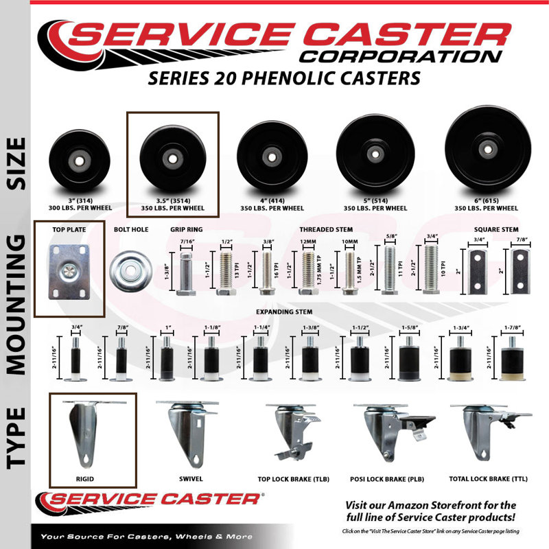 3.5 Inch Phenolic Wheel Swivel Top Plate Caster Set 2 Posi Brakes 2 Rigid SCC|SCC-20S3514-PHR-PLB-2-R-2