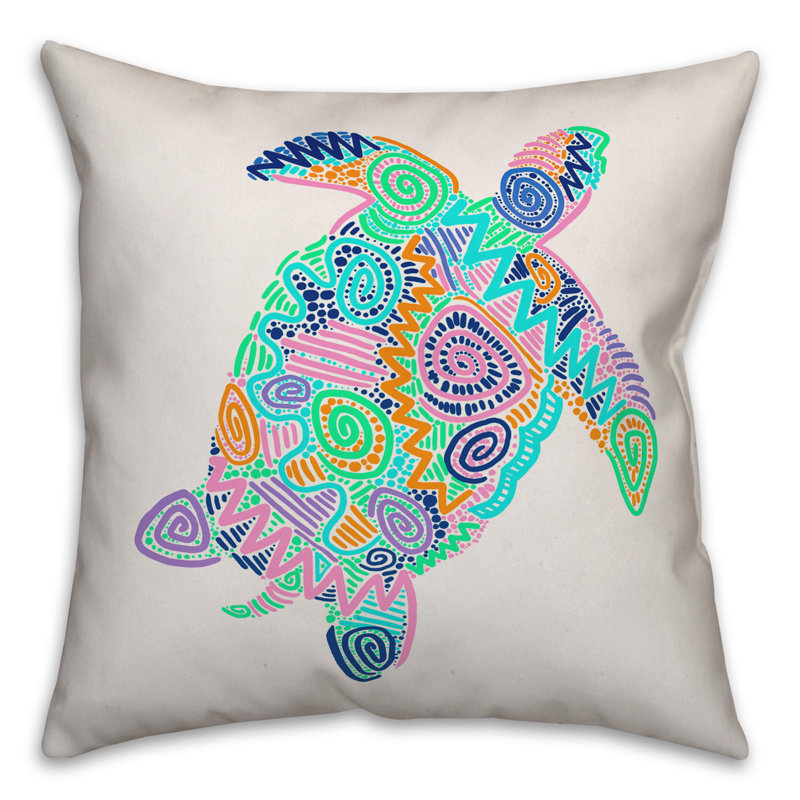 Coussin de tortue multicolore brillant, Carré 16 po, Polyester / Bourre en polyester