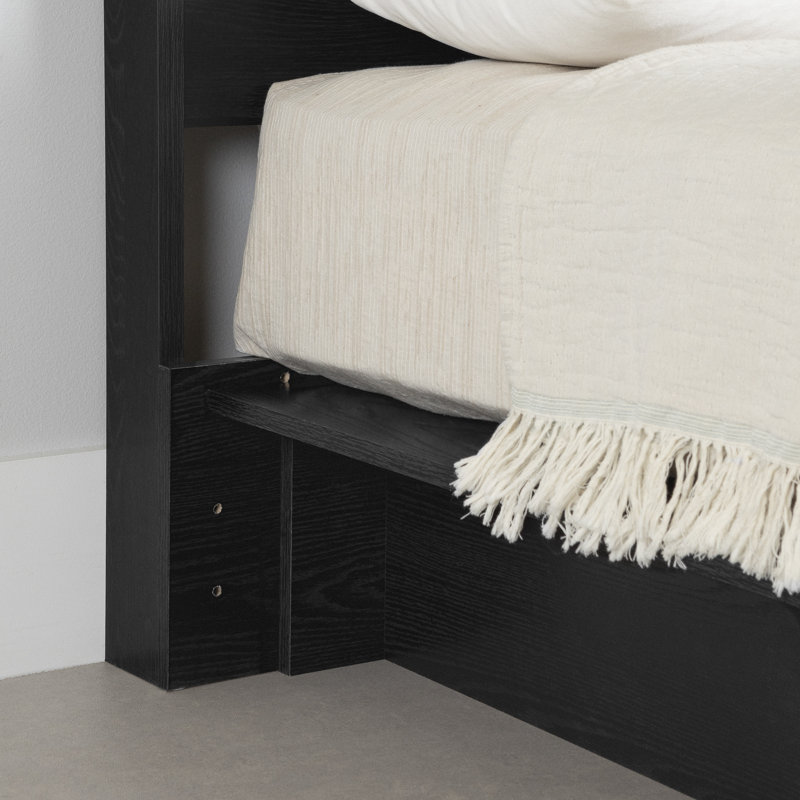 Black Oak Queen Platform Bed with Upholstered Headboard and Drawer
