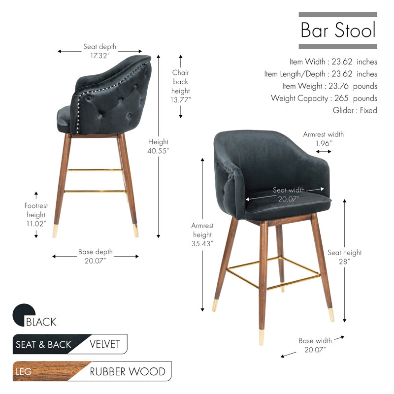 Tabouret de bar en velours 28 po Grieteke, Noir