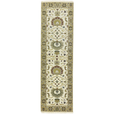 Tapis de couloir crème en laine noué à la main 2 pi 5 po x 8 pi Floral