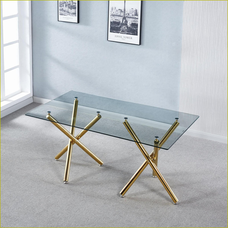 Tables de salle à manger | Mesa de Comedor | Table de salle à manger moderne en verre trempé à 6 places, base en acier inoxydable doré, pour la cuisine de salle à manger | Or