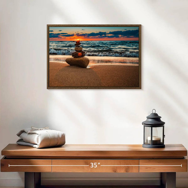Zen coucher de soleil, 19 po x 13 po, Cadre flottant noyer