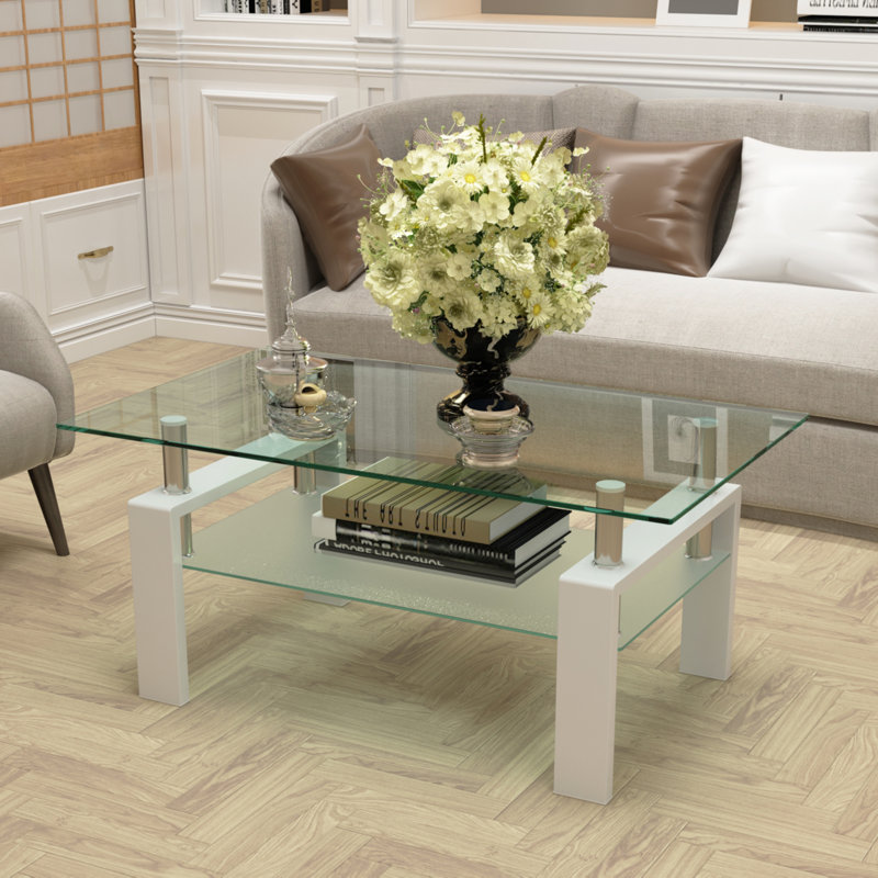 Rectangular Clear Glass Outdoor Coffee Table with White Wooden Legs