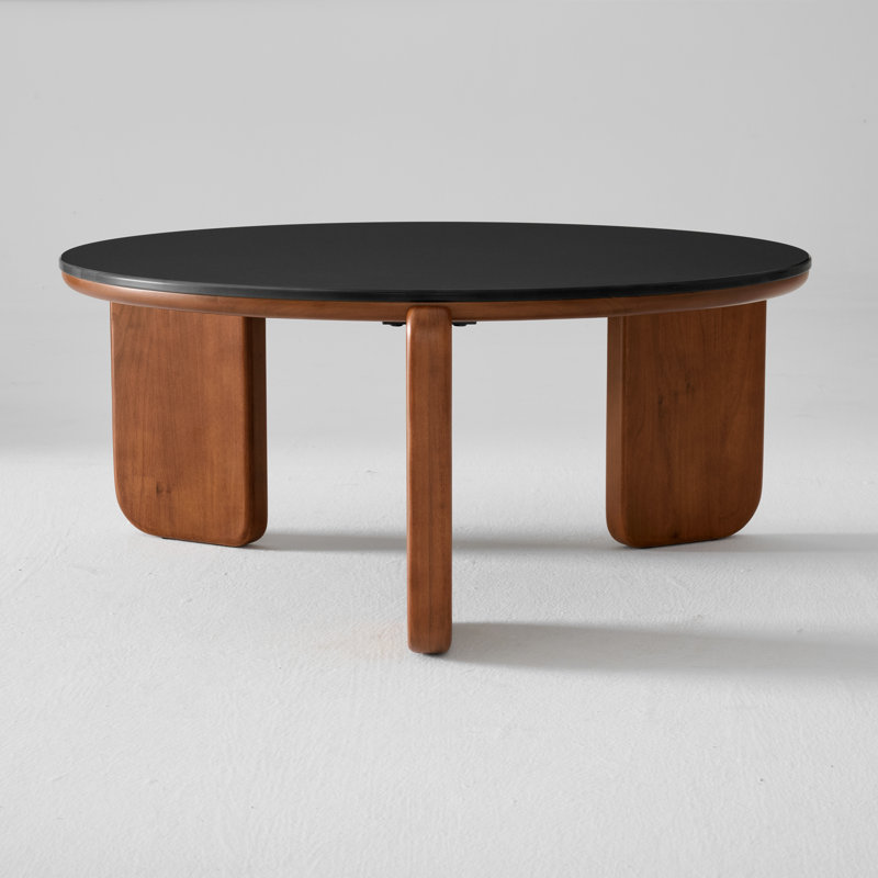 31.5"W Modern Coffee Table with Sintered Stone Round Tabletop and Solid Poplar Legs, Black Sintered Stone, Brown Poplar