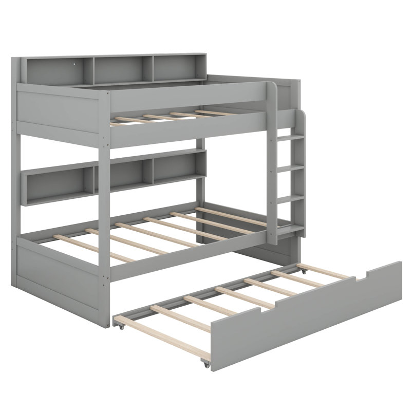 Lit superposé avec rangement et lit gigogne, structure de lit superposé en bois peu encombrante avec tablettes de chevet