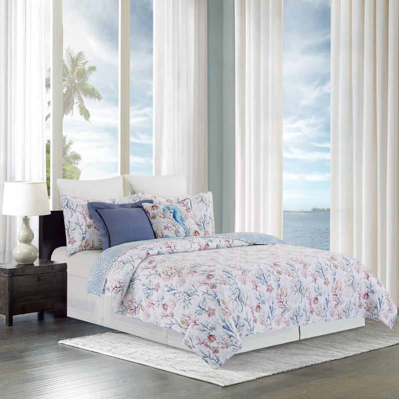 King Size Blue Cotton Reversible Coastal Quilt Set