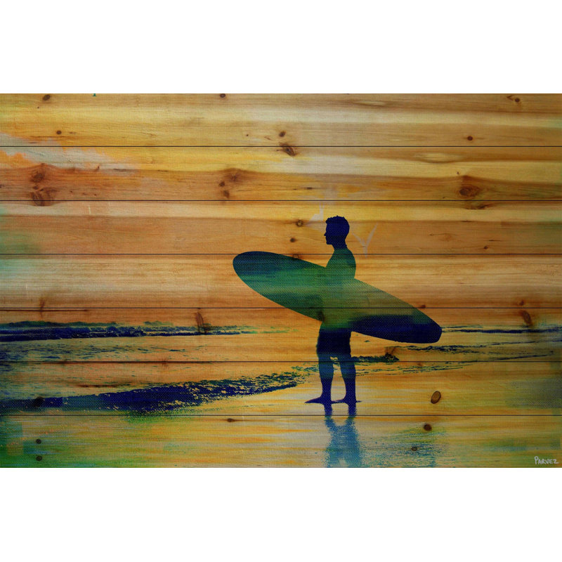«Surf at Dusk» par Parvez Taj - Peinture sur bois, H 30 po x l 45 po x P 1,5 po