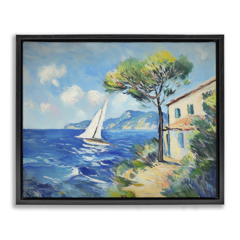Voilier et plage, art mural encadré par Ramona Murdock, Cadre flottant noir de jais, H 17 po x l 21 po