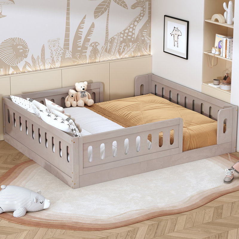 Wood Full Size Platform Bed with Guardrail, Natural, Full 