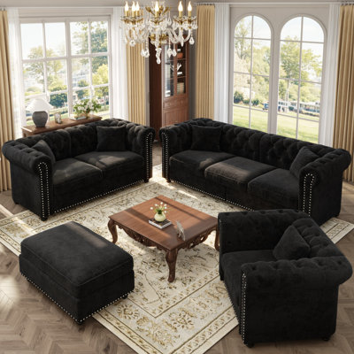 4-Piece Chesterfield Living Room Set with Storage Ottoman for Living Room, Apartment, Office