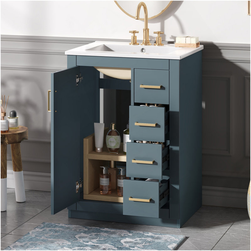 Meuble-lavabo 24 po avec lavabo intégré en céramique, meuble-lavabo simple avec 1 porte et 3 tiroirs pour salle de bain petite et moyenne, bleu