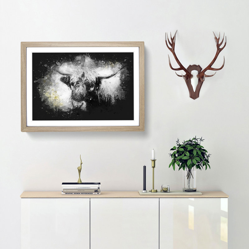 Paint Splattered Highland Cow Framed Print, Oak Framed, 33cm H x 45cm W x 2cm D