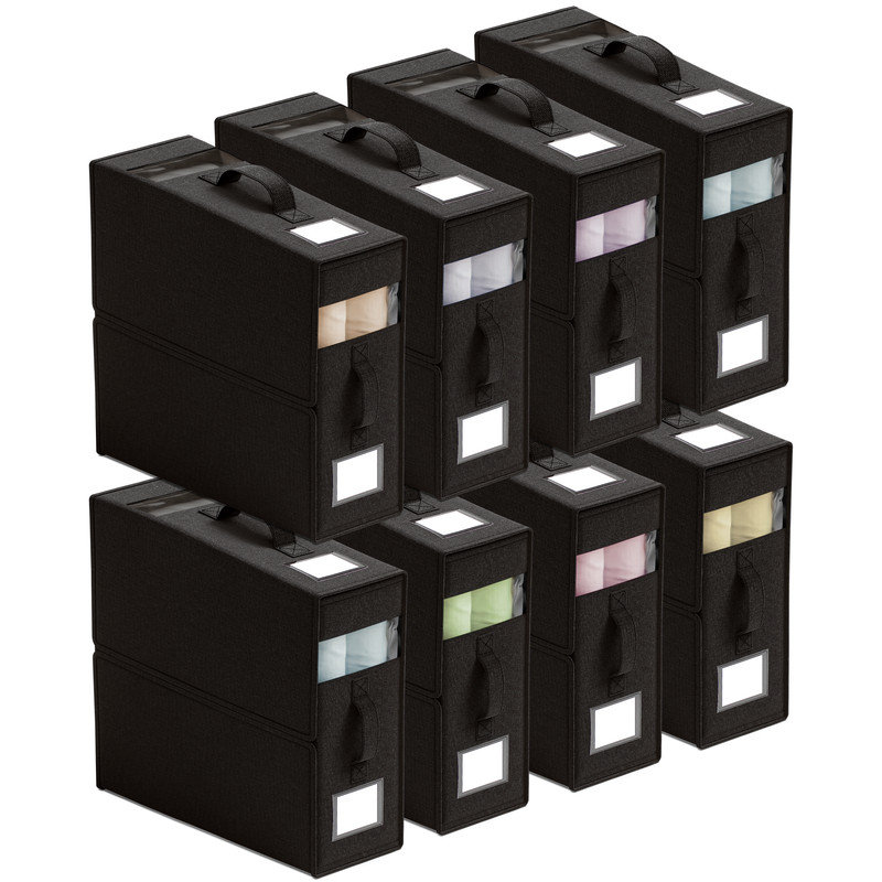 Ensemble de 8 bacs de rangement pour draps en lin - Bacs de rangement pour draps avec 2 poignées, fenêtre transparente et pochettes pour étiquettes, organisateur de placard pliable pour literie et literie grand et très grand
