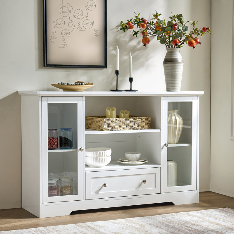 Buffet de 51 po en blanc, avec tiroirs, tablettes réglables, idéal pour les armoires de cuisine et de salon